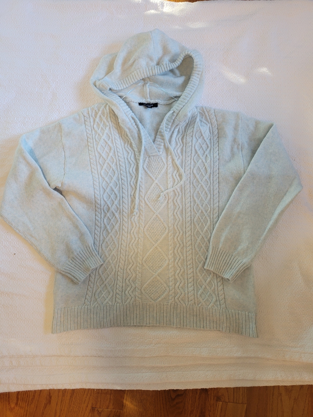 Creamy Light Blue Cable-Knit Hooded Pullover Sweater